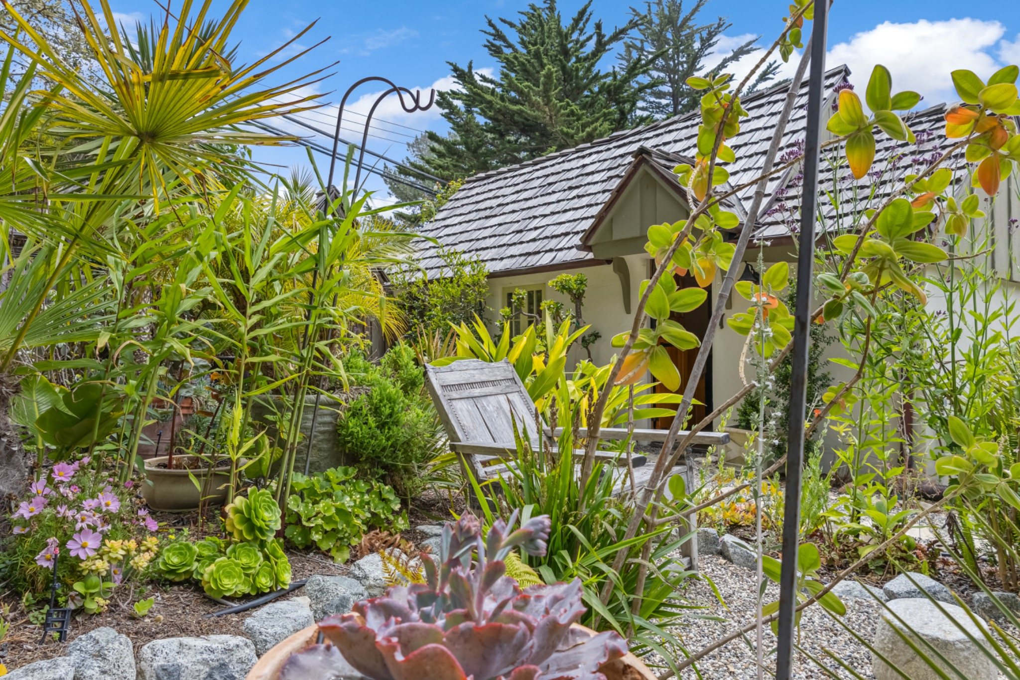 Twin Briar Cottage roofline seen through the private garden