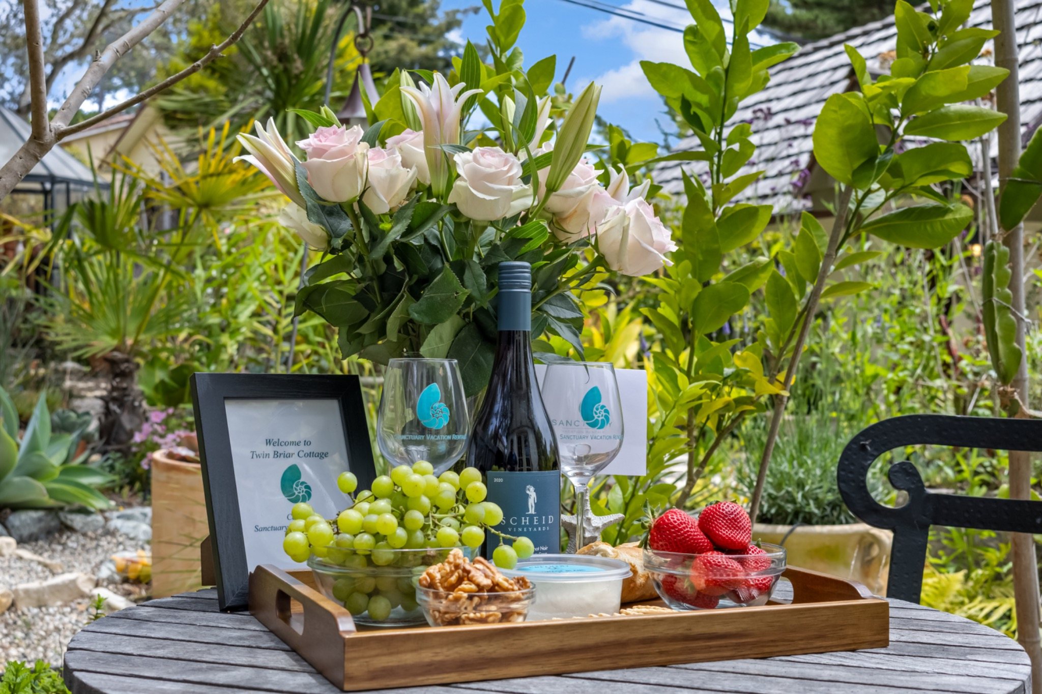 Morning coffee and welcome tray in Twin Briar garden